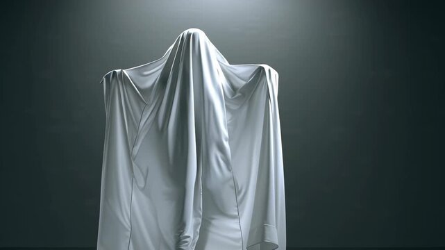 A mysterious figure covered by a white sheet stands in a dark, spotlighted setting, evoking a classic ghost image.