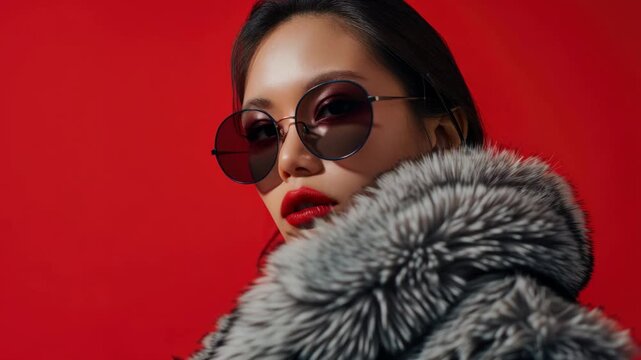 Stylish young woman posing for with stylish sunglasses and fur coat.