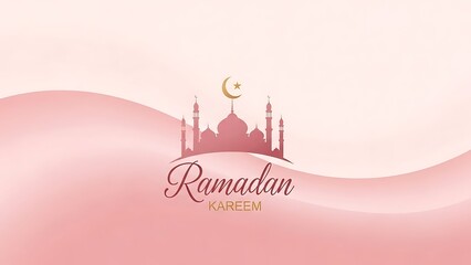 Elegant Ramadan Kareem 2026 Greeting with Minimalist Mosque Silhouette and Crescent Moon on Soft Beige-Pink Gradient Background