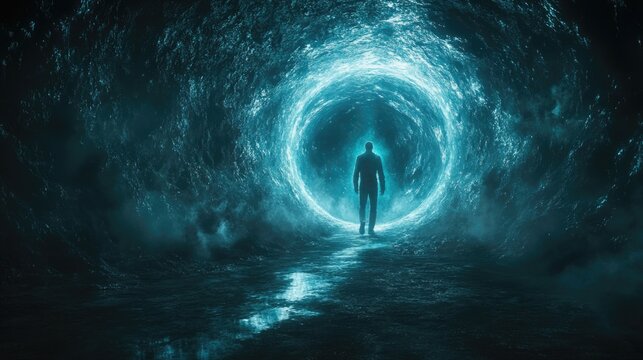 Cryogenic Horizons. A Glimpse into Tomorrow. Man in a cryogenic chamber tube. Blue glow. Sci-fi concept