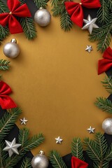 Christmas greeting card with fir tree branches, cones and garland lights on black background. Top view with copy space