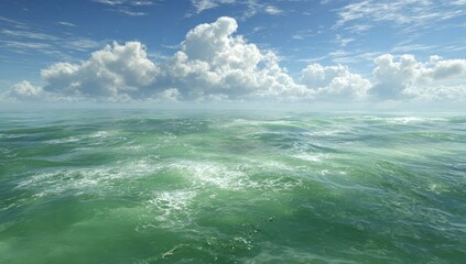 Fototapeta premium Vast ocean under a cloudy sky with gentle waves, vibrant green water