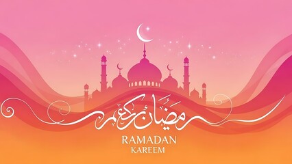 Ramadan Kareem 2026 Greeting with Mosque Silhouette, Crescent Moon and Arabic Calligraphy on Vibrant Sunset Gradient Background