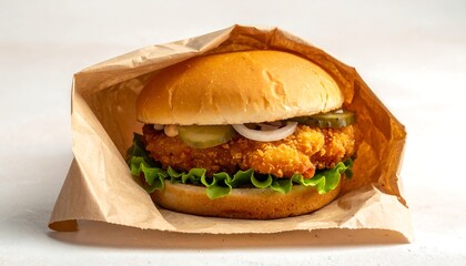 包装紙を開けたハンバーガーが香ばしく焼けたパンと肉を見せるグルメ食品