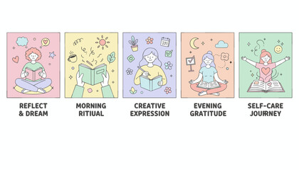 Vector illustration of five daily selfcare rituals journaling reflection gratitude and creative expression