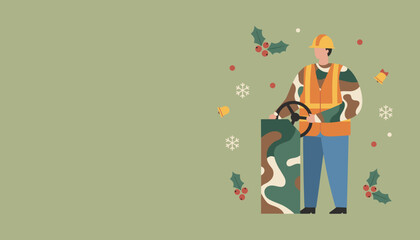 Christmas work concept construction employee operating machinery surrounded by holly