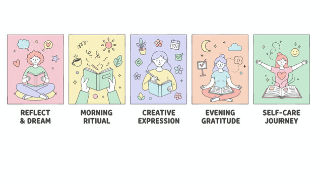 Vector illustration of five daily selfcare rituals journaling reflection gratitude and creative expression