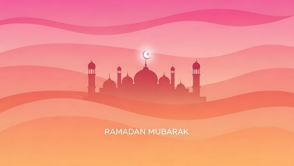 Ramadan Mubarak Greeting with Mosque Silhouette and Crescent Moon on Vibrant Pink Orange Gradient Waves Background