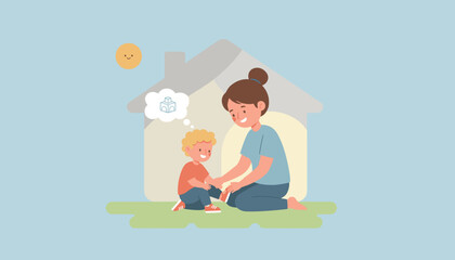 Loving mother helps her young child outdoors Family care playtime and childhood imagination