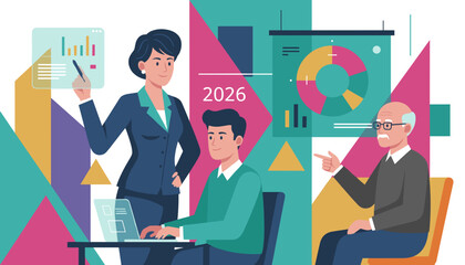 Corporate team analyzing data visualizations for strategic planning and future success