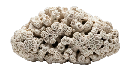 A detailed close-up of a textured coral specimen on a white background.