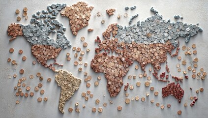 World map artfully crafted from countless colorful circular coins