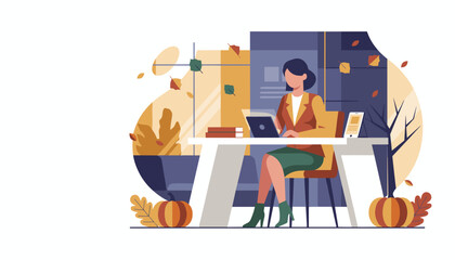 Businesswoman working on laptop at her desk embracing the productive autumn season vector illustration
