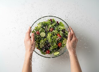 Overhead View Of Hands Adding Glitter To A Fresh Vibrant Green Salad With Cherry Tomatoes And Cucumbers In A Clear Glass Bowl Against A White Background