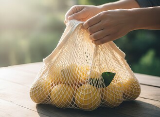 Hands Holding A Mesh Bag Full Of Bright Yellow Lemons On A Wooden Table With Soft Sunlight And Greenery In The Background