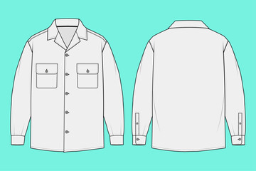 Men's Classic Button-Up Utility Shirt with Flap Pockets Front and Back Technical Flat Sketch Template