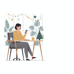 Woman working or shopping online at a festive home office desk decorated for Christmas and New Year