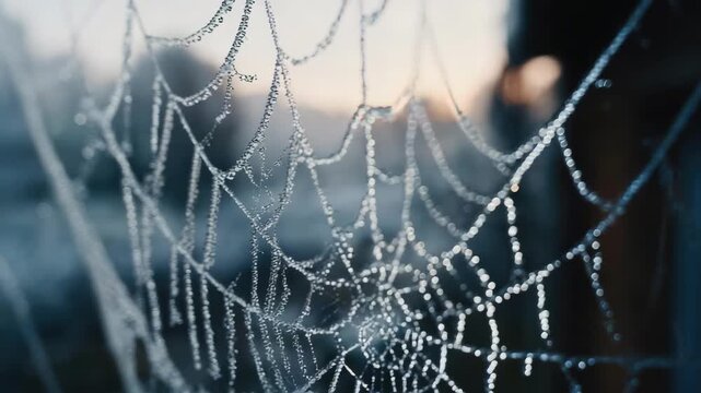 Close-up of a frost-covered spider web sparkling in the morning light.