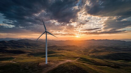 Obraz premium Wind Turbine in the Sunset Landscape: A solitary wind turbine stands tall in a vast, golden landscape, silhouetted against a dramatic sunset sky.
