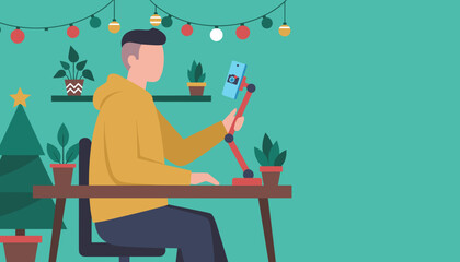 Man vlogging or streaming holiday content from a cozy festive home office