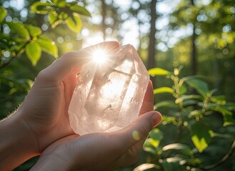 Hands holding a luminous clear crystal with sun rays shining through in a lush green forest setting symbolizing natural energy and healing.