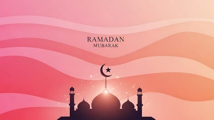 Ramadan Mubarak Greeting with Mosque Silhouette and Crescent Moon on Vibrant Sunset Gradient Background