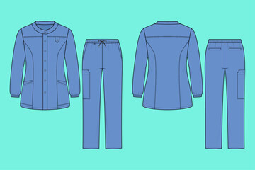 Unisex Modern Medical Scrub Set Functional Professional Wear Design Fashion Apparel Technical Flat Sketch