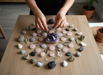 Hands Arranging Natural Healing Crystals and Stones in a Circular Pattern on a Wooden Table for a Spiritual Practice