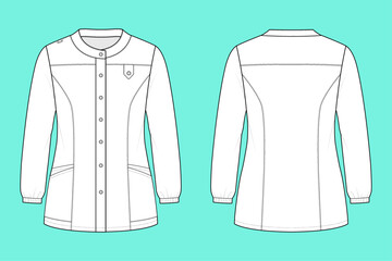 Classic Button-Front Medical Scrub Top with Structured Seaming Fashion Technical Flat Sketch CAD Mockup.