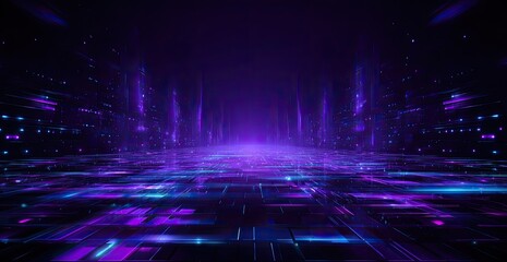 Abstract digital tunnel with glowing purple and blue grid and light streaks