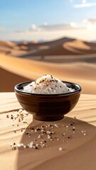 Close Up of a Bowl of Salt on a Sand Dune with Desert Landscape Background