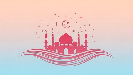 Ramadan Kareem Greeting with Pink Mosque Silhouette, Crescent Moon and Stars on Pastel Gradient Background