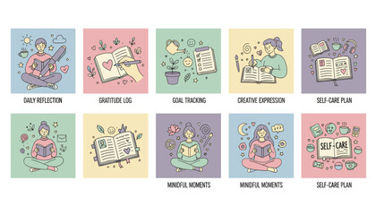 Pastel vector set illustrating selfcare gratitude reflection and goal tracking through mindful journaling