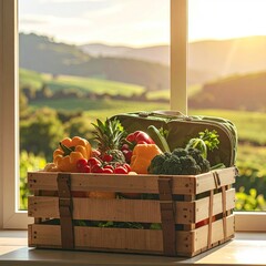 Wooden Crate Filled with Fresh Produce Beside Window Overlooking Rolling Hills at Sunset