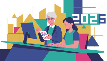 Senior and young business women analyze 2026 financial charts and data on computer in modern office