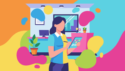 Business professional using digital tablet in a colorful modern office Technology startup and creative design concept