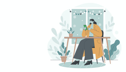 Cozy winter work Woman in a coat uses her smartphone by a window with falling snow and festive lights