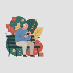 Sad senior man alone on a bench using a phone during the holidays symbolizing loneliness and depression