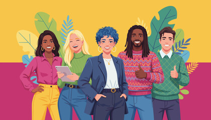 Happy diverse business team collaborating successfully Vibrant illustration