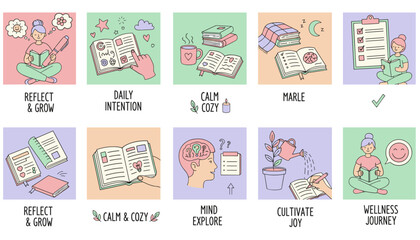 Doodle icons illustrating mental wellness selfcare journaling reflection and personal growth concepts for a balanced lifestyle