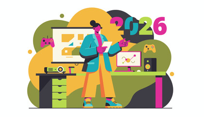 Vibrant illustration of a business leader presenting 2026 strategy in a creative gamingfocused office