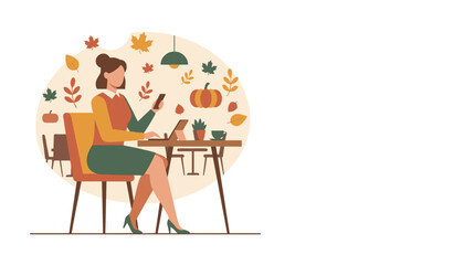 Professional woman working remotely in an autumn cafe using laptop and phone Fall season business concept