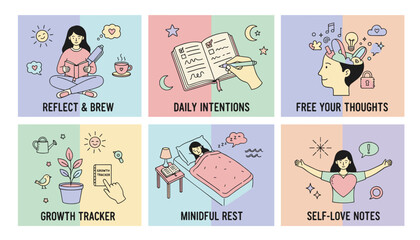 Daily selfcare routine set planning reflection mindful rest mental wellness and personal growth illustrations