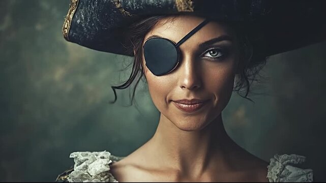 A striking portrait of a woman in a pirate costume with an eye patch.