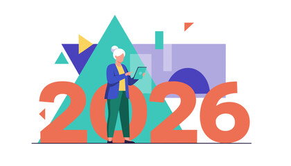 2026 future planning Senior woman with tablet illustrating business trends and digital foresight
