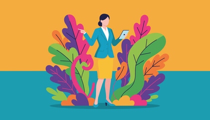 Businesswoman using a tablet pointing amidst vibrant colorful foliage Corporate success and nature concept