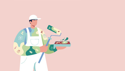 Festive painter illustration with roller and tray Home renovation DIY and winter holiday preparation