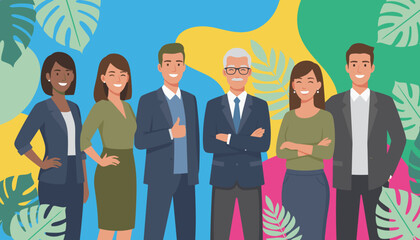 Diverse professional team stands confidently against a vibrant tropical illustration background
