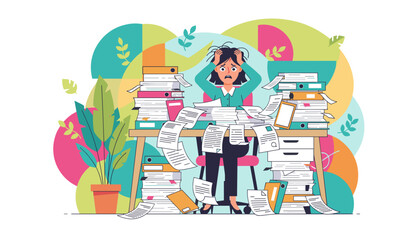 Stressed employee overwhelmed by workload and flying papers deadline panic