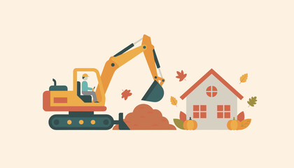 Excavator at construction site near a house illustrating fall season home development work